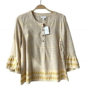 J. Jill Bell Sleeve Organic Cotton Striped Blouse Top Women XSP Cream Boho NEW